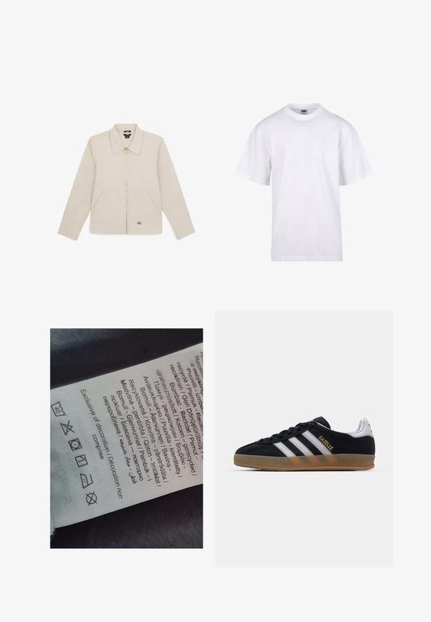 Beige jas van gladde stof, met een kraag, een rits aan de voorkant, twee zijzakken en een geborduurd logo op de rechteronderkant.; Witte katoenen t-shirt met een ronde hals, korte mouwen en een relaxte pasvorm. Heeft een eenvoudig ontwerp zonder patronen of accenten.; Label tag met meertalige tekst, zorgsymbolen en recyclingiconen, gedrukt op een zacht textielachtig materiaal in een lichte kleur.; Zwarte suède sneaker met witte strepen, beige rubberen zool en gouden "Gazelle" logo. Klassiek low-top ontwerp, met een textuur bovenlaag.