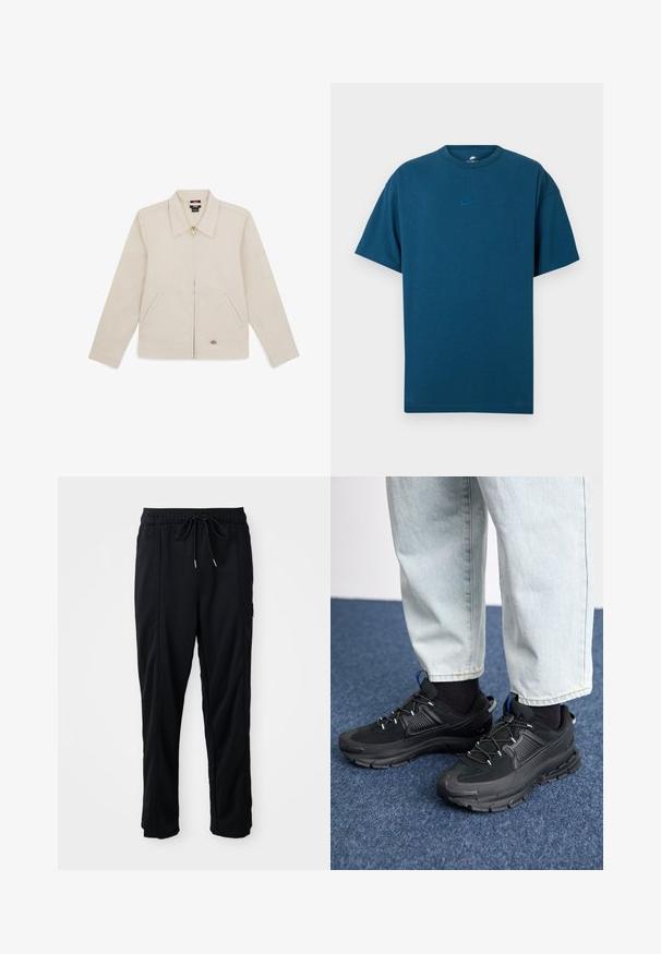 Smėlio spalvos švarkas, pagamintas iš lygios medžiagos, su apykakle, priekiniais užtrauktukais, dviem šoninėmis kišenėmis ir siuvinėtu logotipu apatiniame dešiniajame kampe.; Mėlynas medvilninis marškinėliai su trumpomis rankovėmis, apvaliu kaklu ir mažuoju, šviesiai mėlynu Nike logotipu ant krūtinės. Minkšta tekstūra, laisvas pasmučiai.; Juodos laisvos kelnės su raišteliu liemens, šoninėmis kišenėmis ir tiesiu kirpimu ant vienodos fono.; Juodi sportiniai bateliai su tekstūruota medžiaga ir guminiais padais, su elastingomis raišteliais ir mėlynu akcentu ant kulno. Dėvimi su šviesiai mėlynomis džinsinėmis kelnėmis.