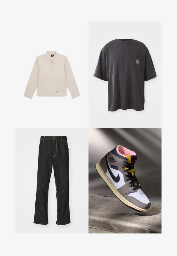 Chaqueta beige de tejido suave, con collar, cremallera frontal, dos bolsillos laterales y un logo bordado en la parte inferior derecha.; Camiseta de algodón negra con mangas cortas, un cuello redondo y un bolsillo en el pecho izquierdo con un parche de logo cuadrado. Diseño simple y sin adornos.; Jeans de mezclilla negra con un corte holgado, que cuentan con costuras blancas contrastantes, cierre de botón y un diseño de pierna recta.; Zapatilla alta Nike Air Jordan en blanco, gris y negro, con interior rosa y lengüeta amarilla, colocada sobre una superficie de concreto.