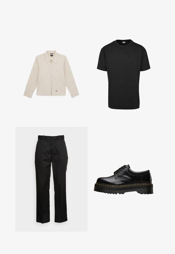 Beige jacket made of smooth fabric, featuring a collar, front zipper, two side pockets, and an embroidered logo on the lower right.; Black cotton T-shirt with a crew neckline, short sleeves, and a straight hem. Smooth texture; simple, unadorned design.; Black trousers made from a smooth fabric, featuring a straight leg design, belt loops, and two side pockets. Classic look without embellishments.; Black leather lace-up shoe with a thick, serrated black rubber sole and yellow stitching along the edge, featuring a smooth finish.