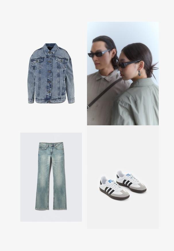 Světle modrá džínová bunda s klasickým límcem, zapínáním na knoflíky, dlouhými rukávy, dvěma náprsními kapsami a volným střihem.; Stříbrný dlouhý rukáv top s kulatým výstřihem a výřezem dole. Vyroben z texturované tkaniny, s přiléhavým střihem a rozšířenými rukávy.; Světle modré džíny z denimu s mírným vyblednutím, pěti kapsami, zapínáním na knoflík a rovnými nohavicemi na bílém pozadí.; Sportovní boty s bílým koženým svrškem, šedou semišovou špičkou a třemi černými pruhy. Obsahují modré logo na jazyku a texturovanou gumovou podrážku.; Černé obdélníkové sluneční brýle s lesklým povrchem, s logem Ray-Ban na stranicích, nošené dvěma osobami v tlumených outfitech.; Černá tkaná kožená kabelka s uvolněným designem, s uzlovým popruhem a malou dekorativní zlatou hřebíčkovou ozdobou na vrchu.