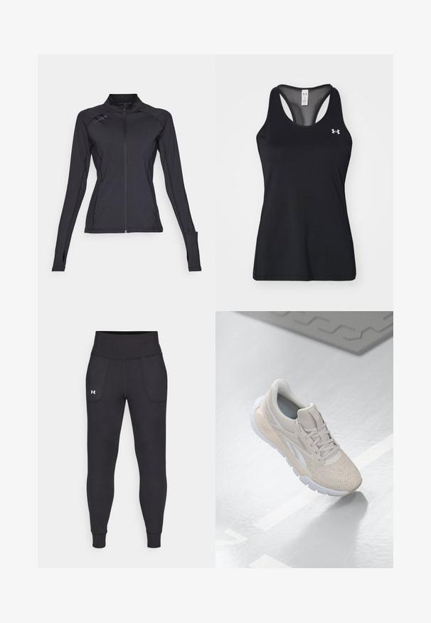 ONLY Play ONPSPEED LIFE - Training jacket - black; Black athletic tank top with a textured fabric, racerback design, and subtle logo detail on the chest. Lightweight and breathable material.; Black athletic leggings made from stretchy material, featuring a high waistband, side pockets, and fitted cuffs at the ankle.; Light beige athletic shoe with a perforated upper, textured accents, padded collar, and white rubber sole, designed for comfort and breathability.
