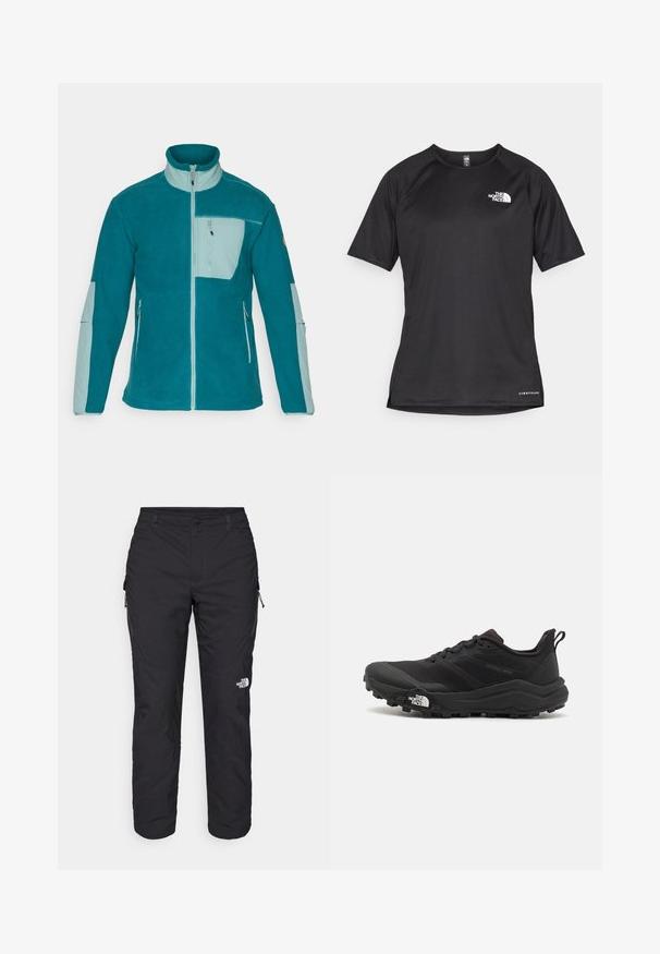 Fleecejakke i teal og lys blå, med høy krage, hel glidelås, tre glidelåslommer, og teksturert stoff for varme.; Svart kortermet treningstrøye med strukturert stoff, med en hvit logo på venstre bryst og rett kant.; The North Face WINTER EXPLORATION TAPERED CARGO - Friluftsbukser - black; Svart terrengløpesko med teksturert overdel, gummisåle og forsterket tåhette. Har polstret krage og løftestropp for enkel påkledning.