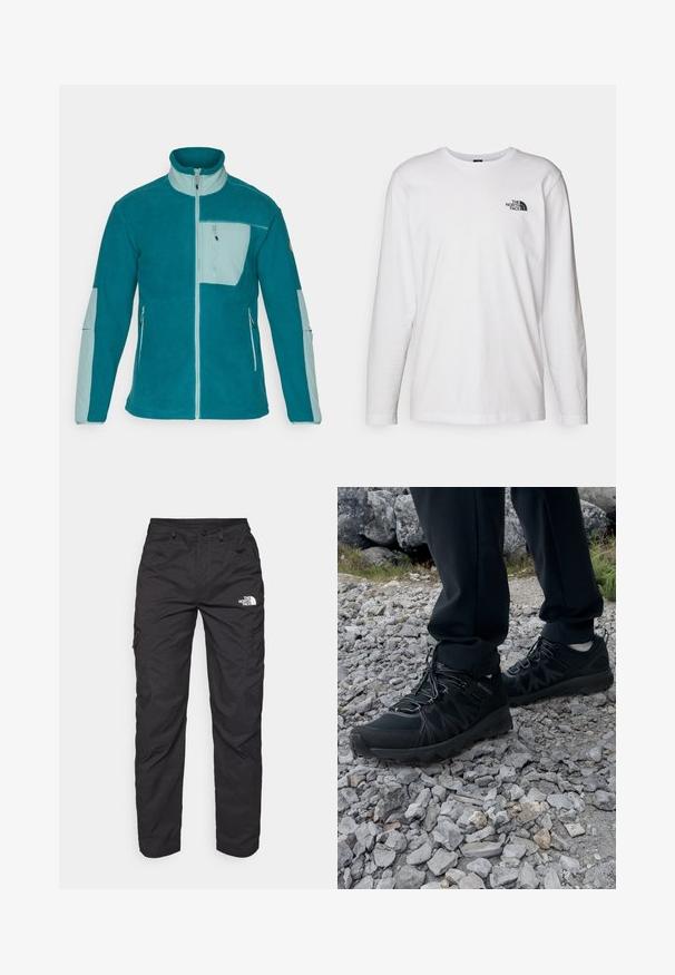 Giacca in pile di colore teal e blu chiaro, con colletto alto, zip completa, tre tasche con zip e tessuto testurizzato per il calore.; T-shirt bianco a maniche lunghe in cotone con colletto rotondo. Presenta un piccolo logo nero sul petto. Texture liscia, vestibilità regolare.; Pantaloni cargo neri realizzati in tessuto leggero. Presentano tasche laterali con zip e un logo sulla coscia sinistra. Design a gamba dritta.; Scarpe da esterni nere realizzate in mesh e materiale sintetico, con una parte superiore testurizzata, un sistema di allacciatura sicuro e una suola robusta, su terreno roccioso.