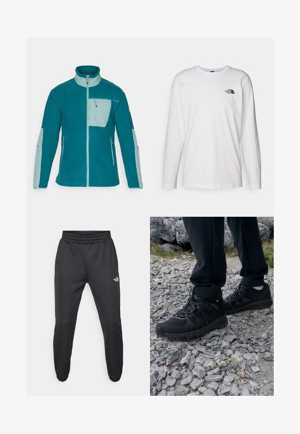 Fleece-takki turkoosin ja vaaleansinisen sävyissä, jossa on korkea kaulus, täysiveto, kolme vetoketjullista taskua ja tekstuuripintainen kangas lämmöksi.; Valkoinen pitkähihaisen T-paita, joka on valmistettu puuvillasta ja jossa on pyöreä kaula-aukko. Rintamuksessa on pieni musta logo. Sileä kangas, normaali malli.; Mustat collegehousut, joissa on nauhakuomu vyötäröllä, kapeneva fit, elastiset hihansuut ja pieni valkoinen logo vasemmassa reidessä, valmistettu sileästä kankaasta.; Mustat ulkokengät, joissa on verkko- ja synteettinen materiaali, teksturoitu päällinen, varma nauhoitusjärjestelmä ja kestävä pohja kivikkoisella maastolla.