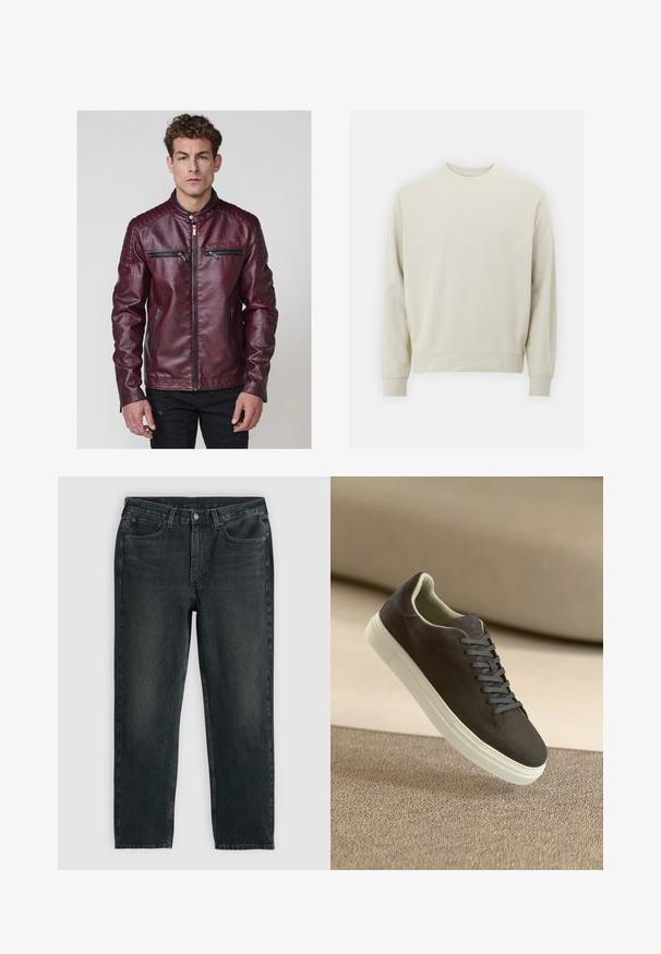 Bordo jakna iz umetnega usnja z odprtim ovratnikom, kvadratnimi ramenskimi poudarki in več zadrgami na sprednjem delu.; Svetlo bež sweatshirt iz mehkega blaga s krožnim izrezom, dolgimi rokavi ter rebrastimi manšetami in robom. Minimalističen dizajn, brez vidnih vzorcev.; Temno modri traper hlače z ravnim krojem, opremljene s petimi žepi, zadrgo in kontrastnim šivom. Nežna bledica na tkanini.; Temno sivi semiš športni čevlji z ujemajočimi se vezalkami in belim gumijastim podplatom, postavljeni nad teksturirano bež površino s sladkim ozadjem.