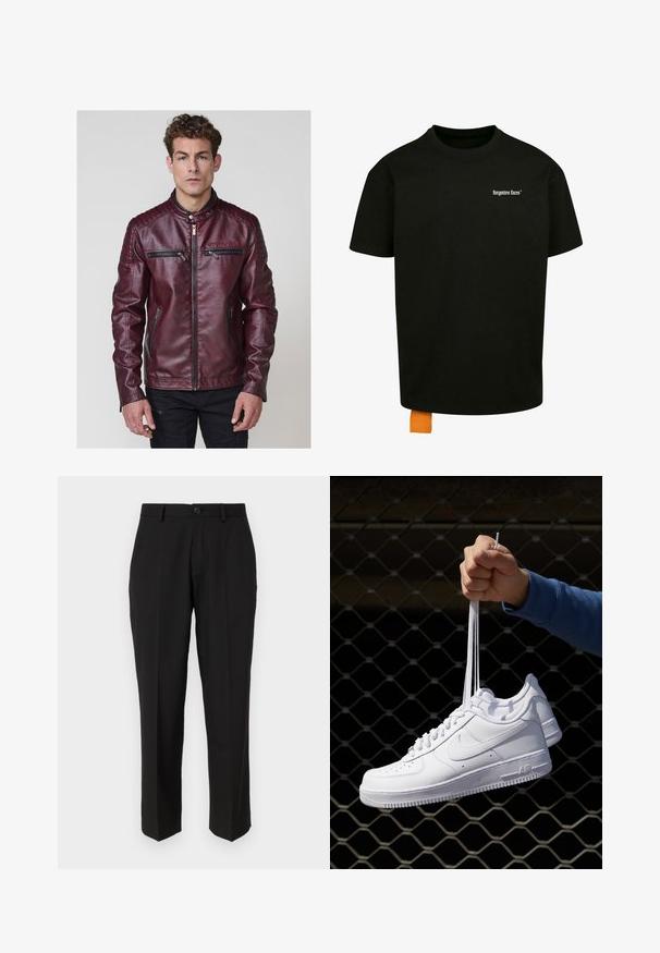 Bordo umjetna kožna jakna s ovratnikom na stajanje, kviltanim akcentima na ramenima i višestrukim džepovima sa zip zatvaračem sprijeda.; Crna pamukasta majica s opuštenim krojem, okruglim izrezom i kratkim rukavima. Ima bijeli tekstualni logo na prsima i narančastu oznaku na rubu.; Crne hlače od glatkog materijala, s ravnim krojem, prednjim džepovima, jednim dugmetom za kopčanje i bez vidljivih uzoraka.; Bijele kožne tenisice s perforacijama, okruglim vrhom, ravnim potplatom i debelim vezicama, s vidljivim swoosh logom i natpisom "AIR" na peti.