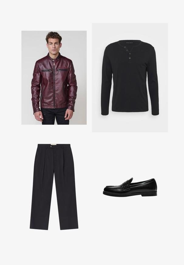 Bordeaux faux leren jas met eenstaande kraag, gestikte schouderaccenten en meerdere ritszakken aan de voorkant.; Zwart lange mouwen henley shirt van zachte stof, met een knoopsluiting, ronde halslijn en aansluitende mouwen.; Op maat gemaakte donkerblauwe broeken met een hoge taille, twee voorplooien, knoopsluiting en rechte pijpen in een soepele stof.; Zwarte leren loafers met een gladde afwerking, voorzien van stiksel op de voorkant en een lage, stevige zwarte rubberen zool.