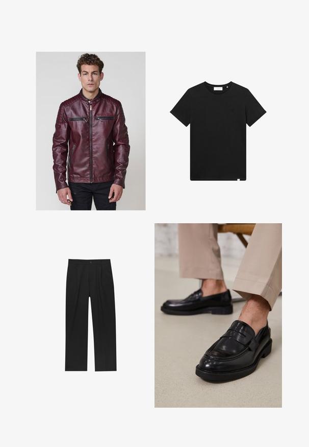 Burgundská koženka s vyztuženými rameny, stojáčkem a několika zipovými kapsami na přední straně.; Černé tričko s krátkým rukávem vyrobené z bavlny, s kulatým výstřihem a malým vyšitým logem na hrudi. Hladká textura, standardní střih.; Černé kalhoty s rovnými nohavicemi, vyrobené z hladké tkaniny. Mají přední záhyby a jedno knoflíkové zapínání v pase.; Černé kožené loafers s hladkým povrchem, zdobené páskem a kontrastním prošíváním, spárované s béžovými kalhotami.