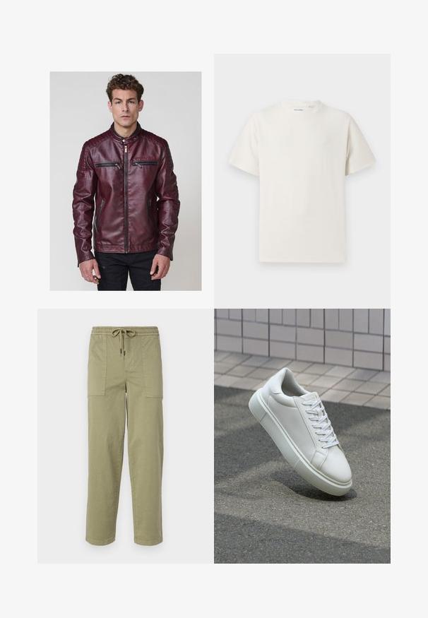 Giacca in ecopelle bordeaux con colletto rialzato, accenti trapuntati sulle spalle e numerose tasche con zip sul davanti.; T-shirt bianca a maniche corte in texture a coste. Girocollo, vestibilità rilassata, senza modelli o accenti visibili. Design semplice e versatile.; Pantaloni verde oliva chiaro realizzati in tessuto misto cotone, con una vita elasticizzata e cordoncino, e due ampie tasche laterali.; Sneaker bianco in pelle con superficie liscia, punta rotonda e lacci piatti bianchi. Presenta una suola in gomma texturizzata e un design minimale.