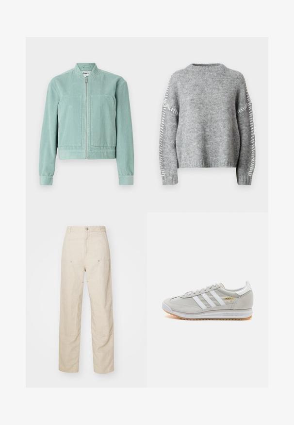 Šviesiai žalias kordūro efektas striukė su užtrauktuku priekyje, apvaliu apykakle ir dviem priekinėmis kišenėmis. Yra gumbruoti rankogaliai ir hem’as, suteikiantis prigludusį stilių.; JDY JDYZOEY LIFE ON STITCH NOOS - Džemperis - light grey melange; Bežinės lino kelnės su laisvu kirpimu, turinčios šonines kišenes ir dekoratyvius siuvimo elementus, be siūlų juostos ir tiesiomis kojomis.; Šviesiai pilki sportbačiai, pagaminti iš zomšos ir tinklinės medžiagos, su trimis baltais dryžiais, apvaliu pirštu ir guma padu. Auksinė logotipo detalė šalia raištelių.