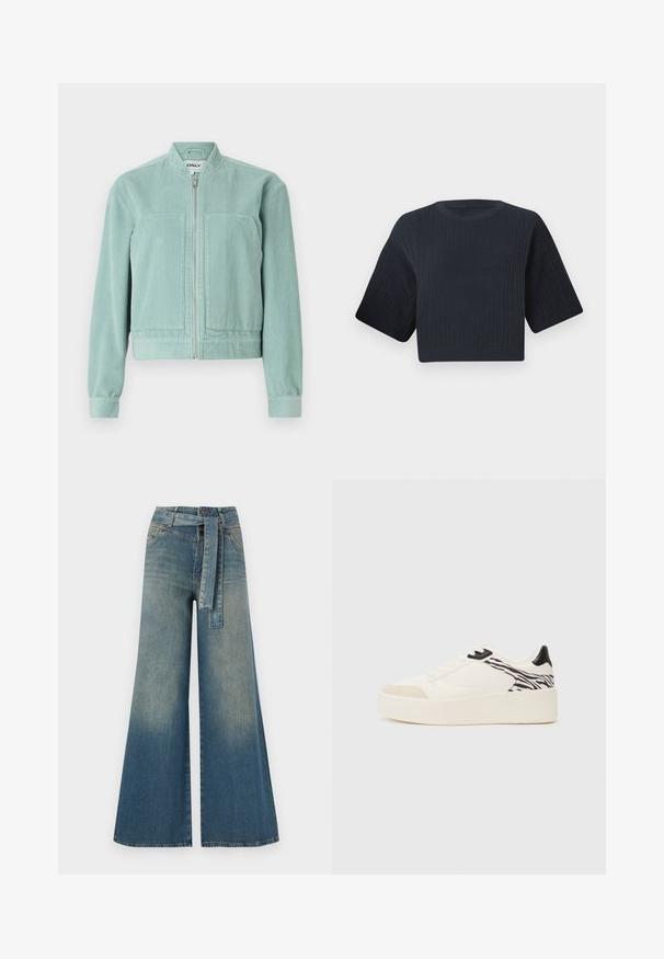 Šviesiai žalias kordūro efektas striukė su užtrauktuku priekyje, apvaliu apykakle ir dviem priekinėmis kišenėmis. Yra gumbruoti rankogaliai ir hem’as, suteikiantis prigludusį stilių.; Tamsiai mėlynas trumpas mezginys su raukšlėta tekstūra, trumpomis plačiomis rankovėmis ir apvaliu kaklu. Paprastas dizainas, be matomų raštų ar akcentų.; Platus džinsinis kelnes su šviesiai tamsiai mėlynu gradientu, aukštu juosmeniu, diržo kilpomis ir atitinkančiu audinio diržu. Textūruotas džinsinis paviršius.; Even&Odd Sportbačiai - white/black