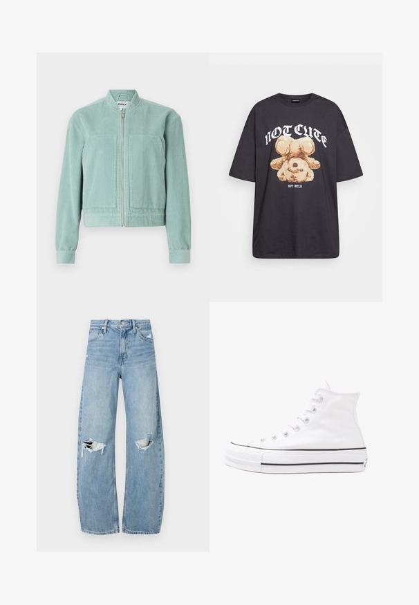 Casaco de corduroy verde-turquesa claro com fecho de correr, gola redonda e dois bolsos frontais. Apresenta punhos e bainha canelados para um visual ajustado.; T-shirt oversized preto com uma gráfica de um urso e o texto "NÃO FOFO, MAS SELVAGEM" em letras brancas e em negrito. Material em algodão.; Jeans de lavagem clara, de cintura alta, feitos de denim. Apresentam pernas largas, duas áreas rasgadas nos joelhos e o estilo clássico de cinco bolsos.; Sapatilha alta de tela branca com sola de borracha preta, bico de borracha na frente e seis ilhós para os atacadores, apresentando um design limpo e minimalista.