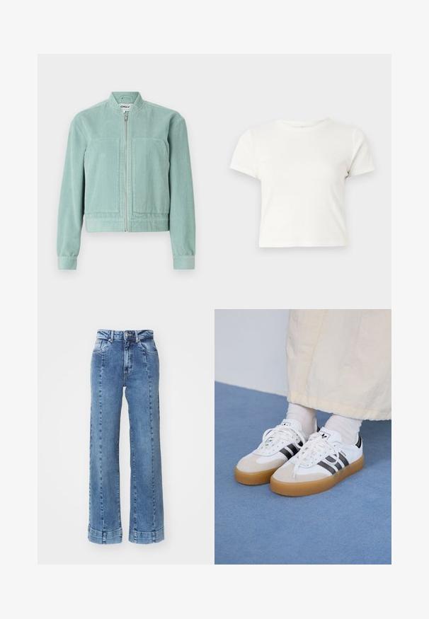 Light teal corduroy jacket with a zip front, round collar, and two front pockets. Features ribbed cuffs and hem for a fitted look.; Short white t-shirt made of cotton with short sleeves, a round neckline, and a straight hem, featuring a smooth texture and minimal design.; Light blue denim wide-leg jeans with a high waist, featuring front pockets and stitched detailing. The hem is rolled and sewn.; White sneakers with black stripes and beige suede accents. Feature a textured gum sole and flat white laces, worn with light-colored socks.