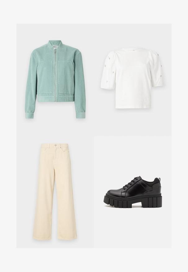 Gai teal krāsu kordūru jaka ar rāvējslēdzēja priekšpusi, apaļu apkakli un divām priekšējām kabatām. Iezīmējas ar ribotām piedurknēm un apakšu, kas nodrošina pieguļošu izskatu.; Balta kokvilnas t-kreklu ar īsām puff piedurknēm, ar nelieliem sudraba rotājumiem gar piedurknēm. Klasisks apaļš izgriezums, brīvā piegriezuma.; Bežīgas platpēdas džinses, izgatavotas no kokvilnas. Iekļauj pogu aizdari, jostas cilpas un priekšējos kabatas ar gludu, mīkstu tekstūru.; Melnas ādas platformas kurpes ar masīvu bloku papēdi, apaļu purngalu un tradicionālu saistīšanas dizainu. Izceļas ar gludu tekstūru un minimālu apdari.