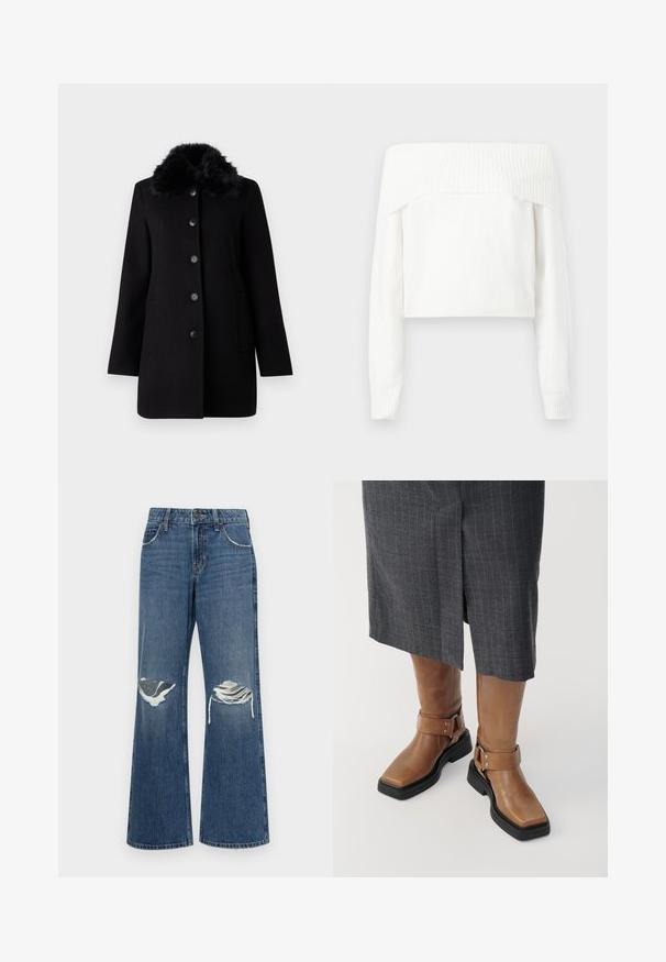 Vero Moda VMAUTUMN COZY JACKET - Klassisk kåpe / frakk - black; Off-shoulder hvit genser laget av myk strikket materiale, med lange ermer og ribbede detaljer langs utringningen og mansjettene.; Denim bredde ben-jeans i medium blå, med slitte knær, råkantede kanter og en klassisk fem-lomme design med metallknappelukking.; Brune lær knee-high støvler med firkantet tå, sort gummisål og justerbare spænde detaljer. Båret med en grå stribet nederdel.