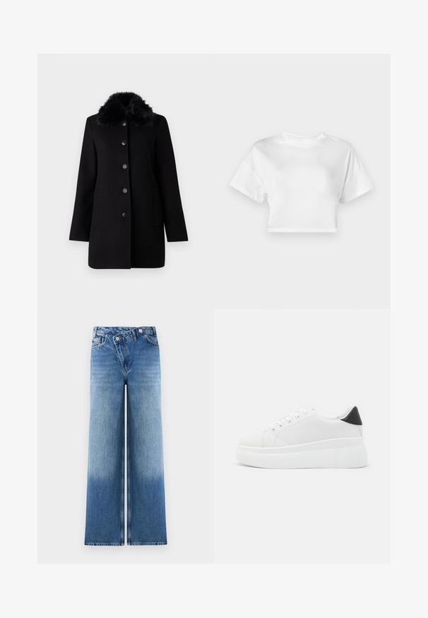 Vero Moda VMAUTUMN COZY JACKET - Klassikaline mantel - black; Valge lühikeste varrukatega puuvillane lühikeste varrukatega t-särk. Ümara kaelusega, sileda tekstuuriga, juhuslik disain ilma mustrite ja kaunistusteta.; Heledad sinised laiad püksid, millel on kulunud pesu, klassikalise viie taskuga disain ja metallnupukillad vööl.; Valged platvormsneakerid, mis on valmistatud siledast sünteetilisest materjalist, ovaalse toe, paelkinnise disaini ja tekstuurse kummitaldiga. Must kontsrihm.