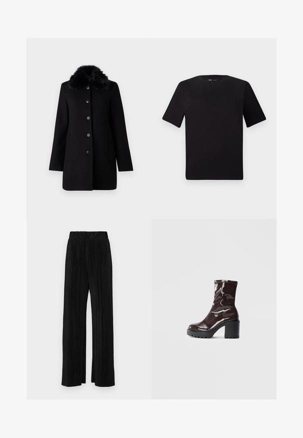 Vero Moda VMAUTUMN COZY JACKET - Klassisk kåpe / frakk - black; Svart t-skjorte med korte ermer og rund hals, laget av mykt bomullsstoff. Enkelt design, ingen synlige logoer eller mønstre.; Sorte plisserte bukser med elastisk midje. Har vide ben og et glatt, strukturert stoff med vertikale striper.; Glinsende burgunder ankelstøvel med en kraftig svart hæl, med en glatt tekstur og enkelt design. Ingen synlige lukkinger eller mønstre.