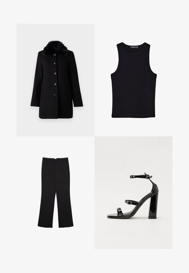 Vero Moda VMAUTUMN COZY JACKET - Klassischer Mantel - black; Schwarzes Tanktop aus Baumwolle mit rundem Halsausschnitt und weiten Armöffnungen. Glatte Textur mit genähten Säumen. Klassisches, minimalistisches Design.; Schwarze Hose mit geradem Schnitt, ausgestattet mit Fronttaschen und Seitenschlitzen am Saum. Hergestellt aus weichem, glattem Stoff. Geeignet für verschiedene Anlässe.; Schwarze Lackleder-Sandalen mit hohen Absätzen, zwei Riemen mit Schnallen, quadratischer Zehenpartie und klobigem Blockabsatz, mit einer glatten, glänzenden Textur.