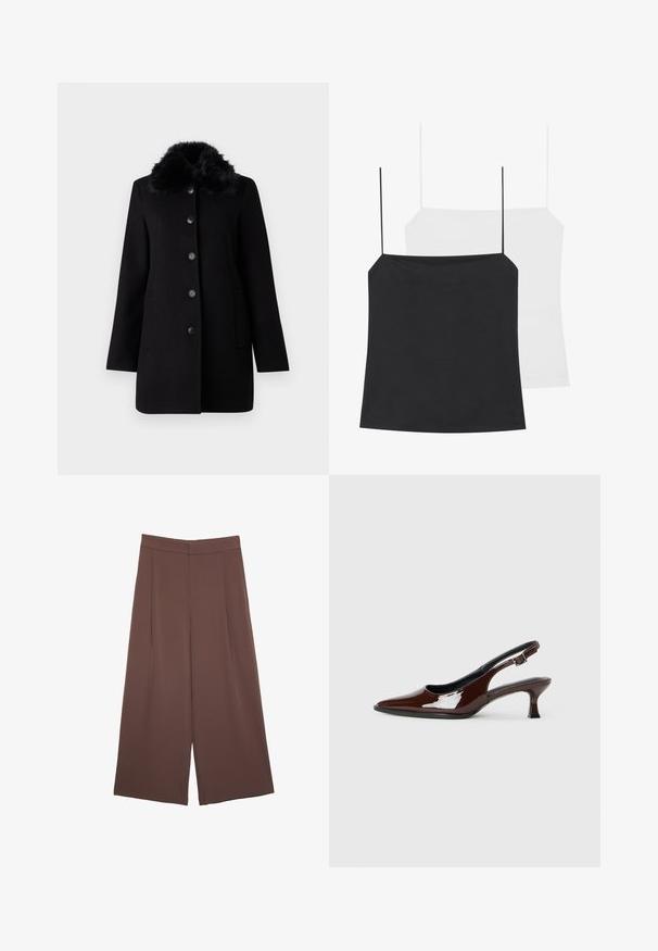 Vero Moda VMAUTUMN COZY JACKET - Klassinen takki - black; Kaksi topin tapaista esitellään: yksi musta ja yksi valkoinen. Molemmissa on ohuet olkaimet ja ne ovat tiukasti istuvia, valmistettu sileästä ja joustavasta kankaasta.; Ruskeat leveälahkeiset housut, joissa on sileä pinta, korkea vyötärö ja etupleat. Kangas on kevyttä ja laskeutuu väljänä.; Ruske patentin nahkalijatke sa špicastim nosom i umjerenom petom. Sadrže remen s kopčom za sigurno pristajanje. Glatka tekstura.