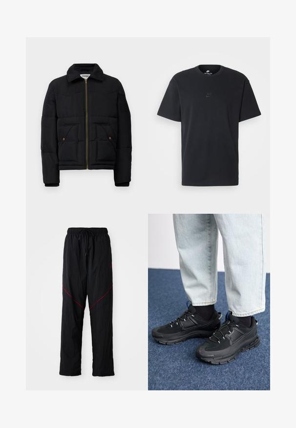 Black puffer jacket with a collared neckline, gold zipper, two front pockets, and stitched panel detailing. Soft, insulated fabric.; Nike black cotton t-shirt with a classic crew neck, short sleeves, and a subtle, embossed logo on the chest. Smooth texture.; Black athletic pants with a textured finish, featuring a drawstring waist, red accent lines, and a loose fit.; Black athletic shoes with textured fabric and rubber soles, featuring elastic laces and a blue accent on the heel. Worn with light denim pants.