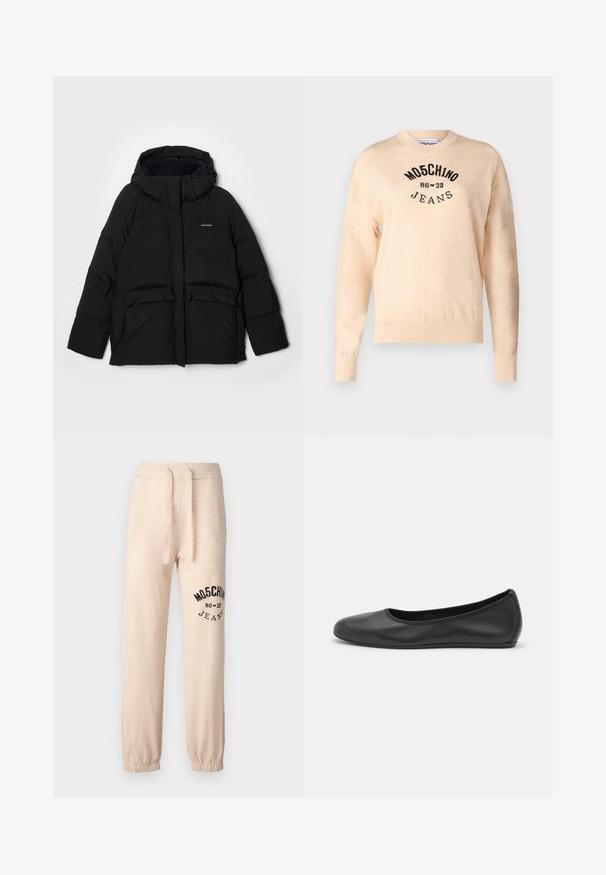 Black puffer jacket with a hood, featuring a front zipper, two large flap pockets, and "Halteweiler" logo on the left side. Soft texture.; Light beige sweater made of a soft knit, featuring a round neckline, long sleeves, and a black embroidered logo with the text "Moschino Jeans."; Beige sweatpants with elastic cuffs and waistband. Features a black printed logo "MOSCHINO 86 ❤ 23 JEANS" on the left thigh. Soft texture.; Black leather ballet flat with a rounded toe, smooth texture, minimal stitching detail, and a flexible sole design.