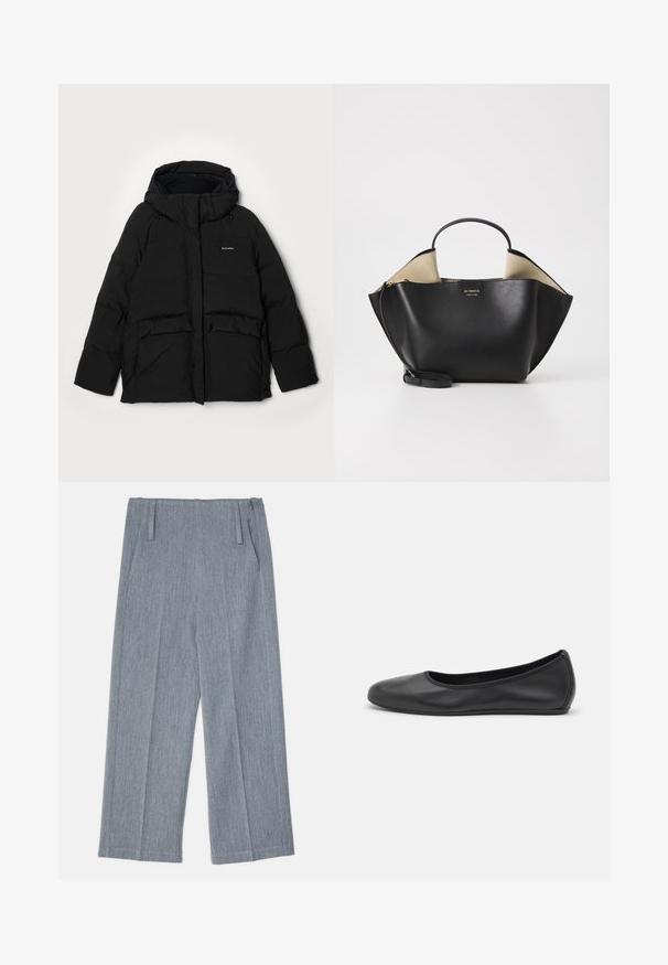 Black puffer jacket with a hood, featuring a front zipper, two large flap pockets, and "Halteweiler" logo on the left side. Soft texture.; Black long-sleeve top made of soft fabric, featuring a round neckline and a relaxed fit with side slits at the hem for ease of movement.; Light gray, wide-leg trousers made of textured fabric, featuring two front pleats and two side pockets. Clean, tailored design.; Black leather ballet flat with a rounded toe, smooth texture, minimal stitching detail, and a flexible sole design.; Ree Projects ANN TOTE MINI - Handbag - black