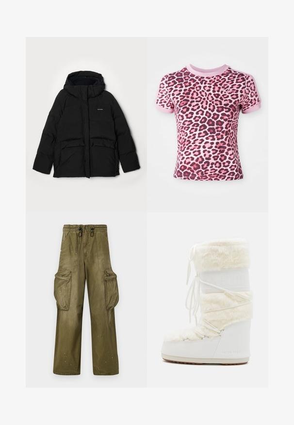 Crna puf jakna s kapuljačom, s prednjim zatvaračem, dva velika džepa s preklopom i logom "Halteweiler" s lijeve strane. Mekana tekstura.; Majica s uzorkom ružičaste leopardske kože sa kratkim rukavima, s okruglim izrezom i kontrastnim ružičastim manžetama, napravljena od mekog, rastezljivog materijala.; Maslinasto zelene cargo hlače s opuštenim krojem, elastičnim pojasom, vezicom, dva bočna džepa i dva velika cargo džepa. Lagano istrošene.; Bijele Moon Boots s gornjim dijelom od lažnog krzna, vezanjem sprijeda i gumenim potplatom. Teksturirana površina i utisnuti logo na strani. Čvrst, podstavljen dizajn.