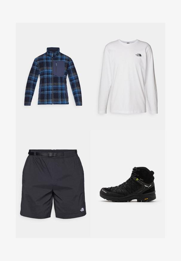 Kurtka polarowa z niebiesko-granatowym wzorem w kratę, z pełnym zamkiem błyskawicznym, wysokim kołnierzem oraz kieszenią na piersi z granatowym akcentującym materiałem.; Biała koszulka z długim rękawem wykonana z bawełny, z okrągłym dekoltem. Posiada małe czarne logo na piersi. Gładka faktura, regularny krój.; Czarne, lekkie szorty o luźnym kroju, z regulowanym paskiem, kieszeniami po bokach oraz logo North Face na dolnej prawej nogawce.; Czarne buty trekkingowe z teksturowaną cholewką, wzmocnionym noskiem i podeszwą Vibram. System sznurowania zawiera haki dla zapewnienia pewnego dopasowania.