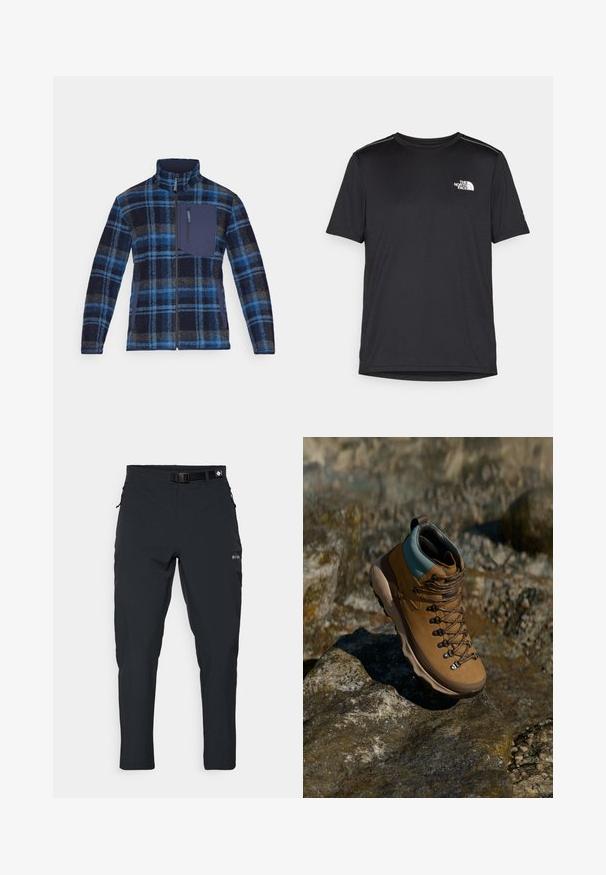 Giacca in micropile con motivo a quadri blu e navy, zip completa, colletto alto e taschino sul petto con tessuto di accento navy.; T-shirt nero a maniche corte realizzata in tessuto leggero. Presenta un piccolo logo bianco sul lato sinistro del petto e delicati dettagli sulle spalle.; Columbia ESSENTIAL HIKE™ PANT - Pantaloni outdoor - black; Scarponcino da trekking marrone con tomaia sintetica, colletto azzurro chiaro, occhielli metallici e suola in gomma texturizzata. Progettato per attività all'aperto.