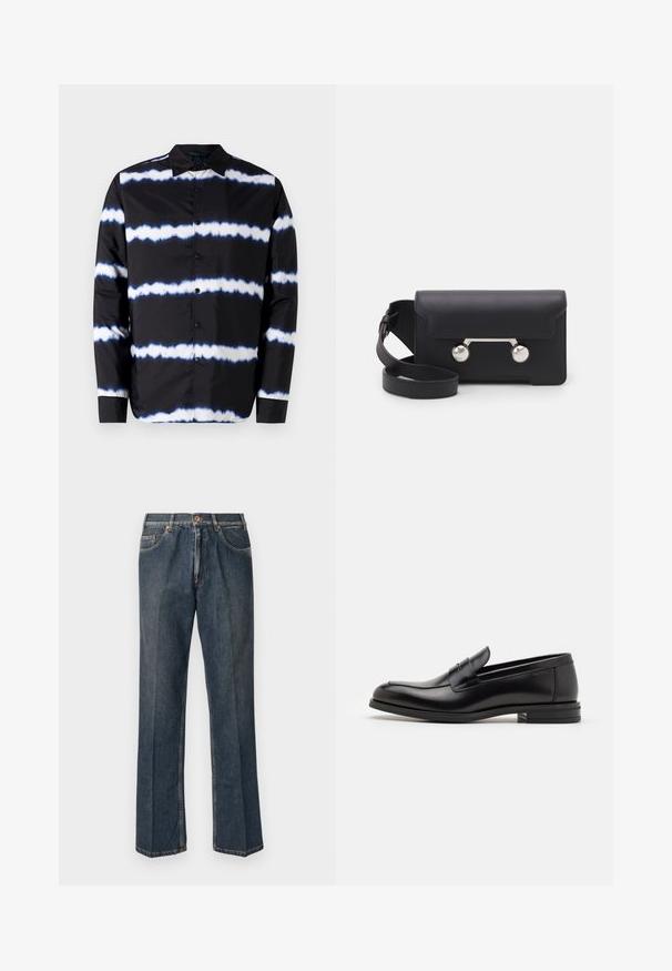 Zwarte overhemden met witte en blauwe tie-dye horizontale strepen, voorzien van een spread collar en lange mouwen, gemaakt van een gladde stof.; Zwarte trui met een gestructureerd patroon in donkergroen. Beschikt over een ronde hals, lange mouwen en ribgebreide manchetten en zoom.; Donkerblauwe rechte spijkerbroek met een knoopsluiting aan de voorkant, rits, dubbele voorzakken en zichtbare verticale plooien langs de benen.; Zwarte leren instappers met een gladde textuur, ronde neus en een decoratieve band over de wreef. Lage, gestapelde hak en minimalistisch ontwerp.; Zwarte leren schoudertas met een klep, zilverkleurige hardware en twee ronde accenten. Voorzien van een afneembare schouderriem. Soepele textuur.