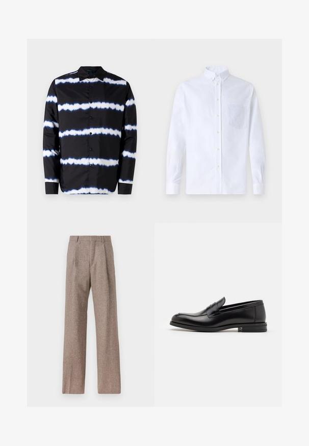 Cămașă neagră cu nasturi, cu dungi orizontale tie-dye albastre și albe, având guler răspândit și mâneci lungi, realizată dintr-un material neted.; Cămașă albă cu mânecă lungă, din bumbac, prevăzută cu un buzunar pe piept cu broderie tonală, guler și manșete cu buton.; Pantaloni bej, cu talie înaltă, dintr-un material texturat. Prezintă picioare late și două pliseuri frontale pentru structură. Finisaj îngrijit, fără accesorii vizibile.; Mocasini din piele neagră cu o textură netedă, vârf rotund și o curea decorativă peste partea superioară. Toc mic, design minimalist.