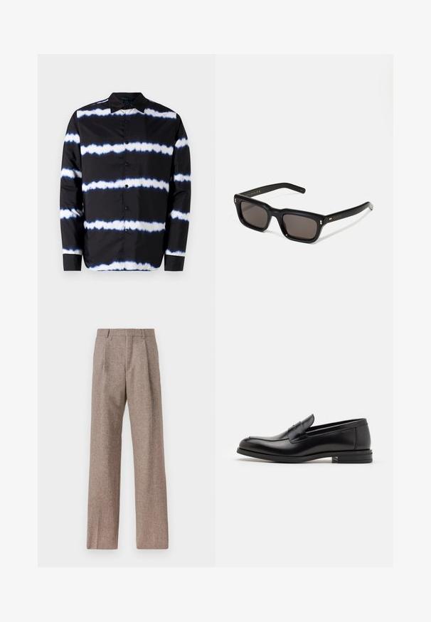 Must mustriga särk, millel on valged ja sinised vöödid, laia kraega ja pikkade varrukatega, valmistatud siledast kangast.; Valge pikamaa varrukatega nööbiga särk, mis on valmistatud puuvillast ja millel on rinna tasku toon-toonis brodeeringuga, krae ja nööbiga mansetid.; Prunnid, kõrge vöökohaga püksid, mis on valmistatud tekstureeritud kangast. Omavad laiu jalgu ja kahte eesmist voldikut struktuuri jaoks. Korralik viimistlus, ilma nähtava riistvarata.; Mustad mustad nahast loafers sileda tekstuuriga, ümarat ninaosa ja dekoratiivne riba vampi üle. Madal kihiline konts, minimalistlik disain.; Mustad mustakorruselised prillid tumedate läätsedega, paks plastikraam, kuldsed aksendid templites ning kaubamärgi logo graveeritud käe lilla.