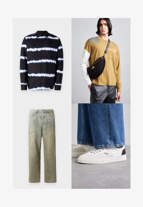 Fekete gombos ing, fehér és kék batikolt vízszintes csíkokkal, elterült gallérral és hosszú ujjakkal, sima textílből készült.; Tengerészkék pamut póló, rövid ujjú, kerek nyakkivágással, a mellkasán egy világosabb árnyalatú, texturált logó dizájnnal.; Fakó zöld, kopott farmerszadrág, egyenes lábbal, ötk zsebes kialakítással, egyenetlen kopással és festékcseppekkel.; Fehér és fekete sportcipők sima bőrből készült felsőrésszel, texturált díszítésekkel és vastag fehér talppal. Klasszikus fűzős kivitel jellemzi.; Vivienne Westwood CITY BUMBAG UNISEX - Övtáska - black