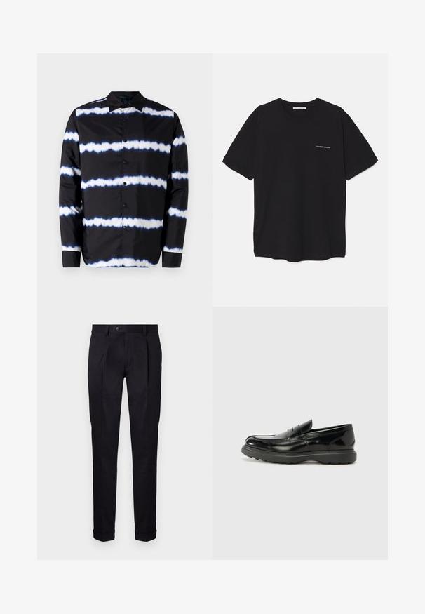 Schwarze Hemdjacke mit weißen und blauen Batik-Horizontstreifen, mit einem klassischen Kragen und langen Ärmeln, gefertigt aus glattem Stoff.; Schwarzes Baumwoll-T-Shirt mit Rundhalsausschnitt, kurzen Ärmeln und weißem Logodruck auf der linken Brust. Einfaches, einfarbiges Design.; Maßgeschneiderte schwarze Hose aus glattem Stoff, mit flacher Vorderseite, zwei vorderen Falten und umgeschlagenen Säumen für einen sauberen, strukturierten Look.; Schwarze Lederloafer mit glanzendem Finish, abgerundetem Zehenbereich, subtilen Steppnähten und einer dicken Gummisohle für Langlebigkeit.