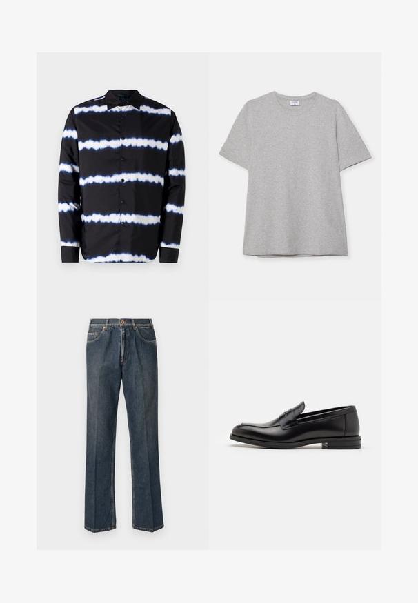 Black button-up shirt with white and blue tie-dye horizontal stripes, featuring a spread collar and long sleeves, crafted from smooth fabric.; Gray short-sleeve T-shirt made from soft, textured fabric. Features a classic crew neck and a straight hem, suitable for casual wear.; Dark blue straight-leg denim jeans with front button, zip fly, double front pockets, and visible vertical creases down the legs.; Black leather loafers with a smooth texture, rounded toe, and a decorative strap across the vamp. Low stacked heel, minimalist design.