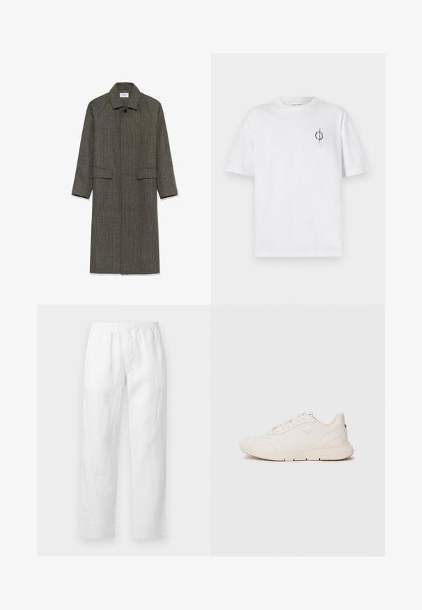 Hosszú, szürke houndstooth mintás kabát, gallérral, raglán ujjakkal és két elülső zsebbel. Az anyag texturált felületű, és gombos záródás található a nyaknál.; Fehér pamut póló laza szabással, kis fekete grafikai logóval a bal mellen. Rövid ujjak, kerek nyakkivágás.; Fehér lenvászon nadrág, rugalmas derékpánttal, egyenes szárú szabással és lágy tapintású anyaggal, minták vagy látható díszítőelemek nélkül.; Fehér sneaker, textúrált anyagból készült, sima talppal, fűzős elejével és diszkrét logóval a saroknál. Minimalista dizájn.