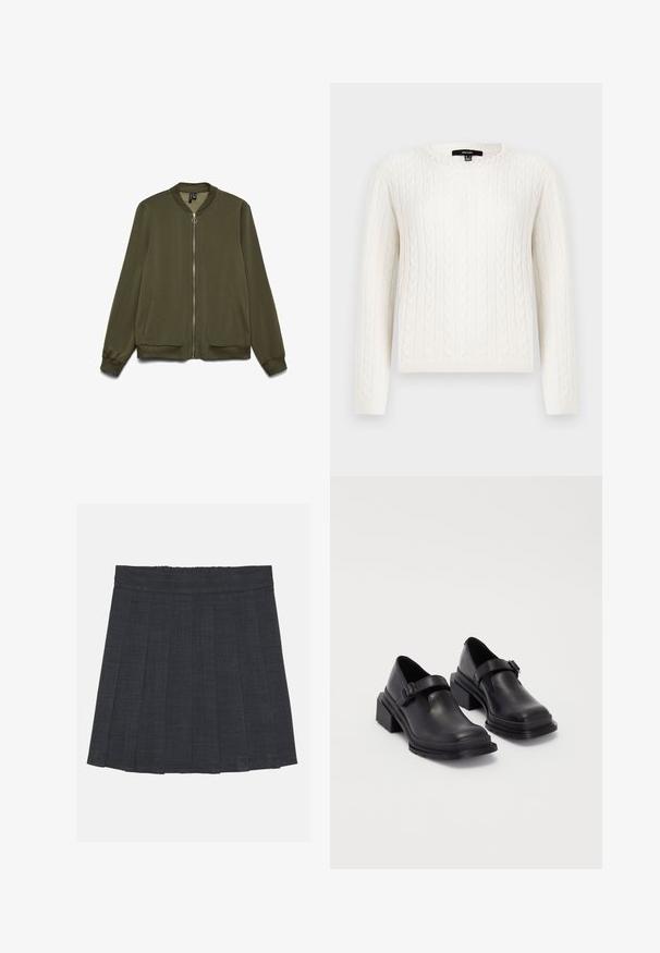 Olivovo zelená bombera s predným zipsom, rebrovým golierom a manžetami. Má bočné vrecká a hladkú štruktúru látky.; Biely sveter s pleteným vzorom, ktorý má dlhé rukávy, okrúhly výstrih a ozdobný perlový prvok na golieri. Mäkko sa nosí a je priliehavého strihu.; Tmavošedá skladaná sukňa s elastickým pásom, s textúrovanou tkaninou a klasickým A-línkovým strihom. Vhodná na neformálne nosenie.; Čierne kožené topánky s okrúhlou špičkou, plochou podrážkou a remienkom s detailom pracky. Hrubý blokový opätok pre väčšiu stabilitu.
