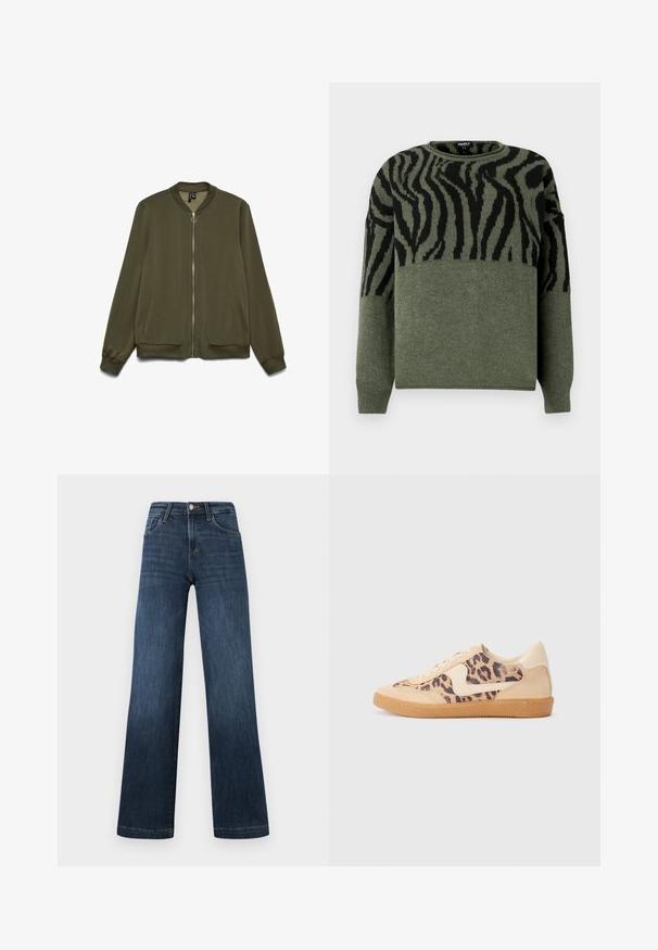 Olive green bomber jacket with a front zip closure, ribbed collar, and cuffs. It features side pockets and a smooth fabric texture.; Zebra-patterned sweater in dark green and black, knit texture, crew neck, long sleeves, featuring contrasting design on upper section.; Dark blue denim jeans with a wide-leg design, featuring five pockets and a front button closure. Smooth texture and classic stitching details.; Leopard print sneakers with beige suede upper, tan rubber sole, and white accents. Round toe and lace-up design with a textured finish.