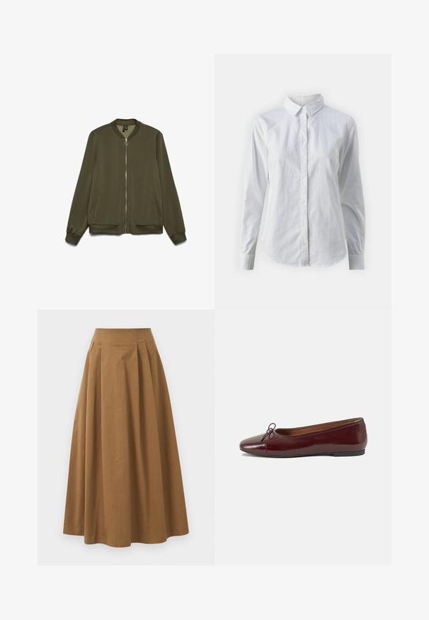 Jachetă bomber de culoare verde măslin, cu închidere prin fermoar în față, guler și manșete ribbate. Aceasta dispune de buzunare laterale și o textură a țesăturii netedă.; Cămașă albă cu nasturi, confecționată din bumbac neted, având un guler clasic, mâneci lungi și un tiv curbat. Nasturii sunt mici și albi.; Fustă A-line din bumbac maro, cu talie înaltă, având pliseuri pe față și o textură netedă. Marginile sunt finisate curat și simplu.; Balerini din piele patent burgund cu vârful rotund, accent de fundiță mică în față și talpă joasă din cauciuc negru. Textură netedă.