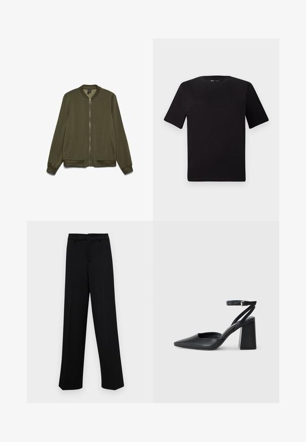 Olive green bomber jacket with a front zip closure, ribbed collar, and cuffs. It features side pockets and a smooth fabric texture.; Black short-sleeve t-shirt with a round neckline, crafted from soft cotton fabric. Simple design, no visible logos or patterns.; Black wide-leg trousers made of smooth fabric, featuring a classic waistband with a button closure and front pleats.; Black leather pointy-toe pump with an ankle strap and a chunky heel. Flat texture, sleek design, and minimalistic aesthetics.