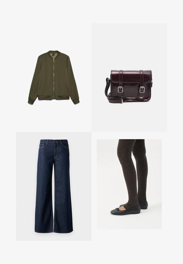 Olivgrön bomberjacka med dragkedja fram, ribbat krage och ärmslut. Den har sidofickor och en slät tygstruktur.; Svart långärmad, åtsittande topp med fyrkantig halsringning, märkt GAP, uppvisad på en vit bakgrund.; Breda jeans i mörkblå denim. Har kontrastsömmar, fem fickor och en knappstängning vid midjan. Slät textur.; Svarta platta skor med en liten rosett vid tån, i kombination med mörkbruna ribbade strumpbyxor. Skorna har en slät yta och låg profil.; Burgundy lackläder crossbody-väska med rektangulär form, två remmar, silverfärgad hårdvara och klaffstängning.