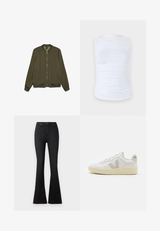 Chaqueta bomber verde oliva con cierre frontal de cremallera, cuello y puños de canalé. Presenta bolsillos laterales y una textura de tela suave.; Top blanco sin mangas hecho de una tela suave y elástica con detalles fruncidos a lo largo de los lados, con un escote redondo y una silueta ajustada.; Vaqueros negros acampanados de mezclilla, con cintura alta, bolsillos frontales y un diseño clásico de cinco bolsillos con herrajes de botón metálico.; Zapatilla de piel blanca con acentos de ante beige, caja de puntera perforada, cordones planos y suela texturizada en color crema. Cuenta con un branding sutil en el talón.