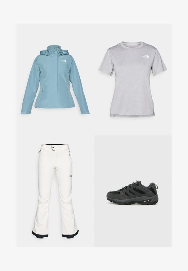 Lyseblå vanntett jakke med hette, frontglidelås og to sidelommer. Glatt tekstur med logo på øvre venstre bryst.; Grå kortermet t-skjorte laget av myk, fukttransporterende stoff. Har en rund hals og en liten hvit logo på øvre venstre side.; Hvite skibukser laget av mykt, fleksibelt materiale. Har en tettsittende midje, vide, utvidede ben og svart kanting ved ermene. Merkevarelogo synlig.; Columbia REDMOND - Fjellsko - black/citron haze