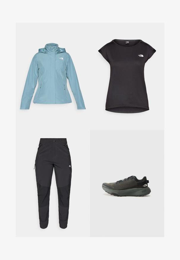 Šviesiai mėlynas vandeniui atsparus džemperis su kapišonu, priekinė užtrauktuko kišenė ir dvi šoninės kišenės. Sklandus paviršius su logotipu viršutinėje kairėje krūtinės pusėje.; The North Face TANKEN TANK  - Sportiniai marškinėliai trumpomis rankovėmis - black; Juodos lauko kelnės, pagamintos iš patvarios medžiagos. Turi užtraukiamas kišenes, sustiprintus kelio plotus ir tiesią konstrukciją, leidžiančią laisvai judėti.; Tamsiai pilkas sportinis batas su tekstūruotu audiniu, plokščiomis raištelėmis, sustiprintu nykščiu ir storu, tvirtu padu, užtikrinančiu sukibimą. 300 reljefiniu užrašu ant kulno.