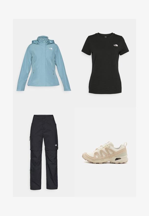 Light blue waterproof jacket with a hood, front zipper, and two side pockets. Smooth texture with logo on the upper left chest.; Black cotton t-shirt featuring a crew neckline and short sleeves. Notable white logo on the upper left side. Smooth texture, casual fit.; Black nylon zip-off cargo trousers with adjustable cuffs, multiple pockets, and a logo on the right leg. Smooth, lightweight texture.; Beige and cream athletic shoe with textured mesh upper, supportive overlays, and rubber outsole featuring a tread pattern for traction.