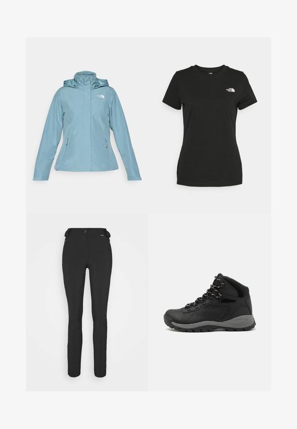 Svetlo modra vodoodporna jakna s kapuco, spredaj z zadrgo in dvema stranskima žepoma. Gladka tekstura z logotipom na zgornji levi strani prsi.; Črna bombažna majica s krožnim izrezom in kratkimi rokavi. Opazna bela oznaka na zgornji levi strani. Gladka tekstura, sproščen kroj.; Črne prileganje hlače, izdelane iz fleksibilnega materiala. Značilnosti vključujejo žep z zadrgo na strani, artikulirana kolena in gladko teksturo.; Črne pohodniške čevlje z srednje visokim dizajnom, ki imajo teksturirano zgornji del, sivi dodatki in vzdržljiv gumen podplat s protizdrsnimi izboklinami.
