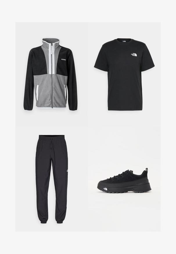 Casaco de fleece com gola alta, em blocos de cor cinza e preto, com fecho frontal e detalhes brancos nos bolsos e no acabamento do fecho.; T-shirt de algodão preto com mangas curtas, decote redondo e um pequeno logótipo branco no lado esquerdo do peito. Design simples, textura suave e corte relaxado.; Calças atléticas pretas feitas de tecido leve, com um cós ajustável por cordão, bolsos laterais e punhos afunilados nos tornozelos.; Sapatilha de exterior preta com parte superior em camurça, sola de borracha texturizada e sistema de atacadores robusto. Apresenta um calcanhar reforçado e o logótipo da marca na lateral.
