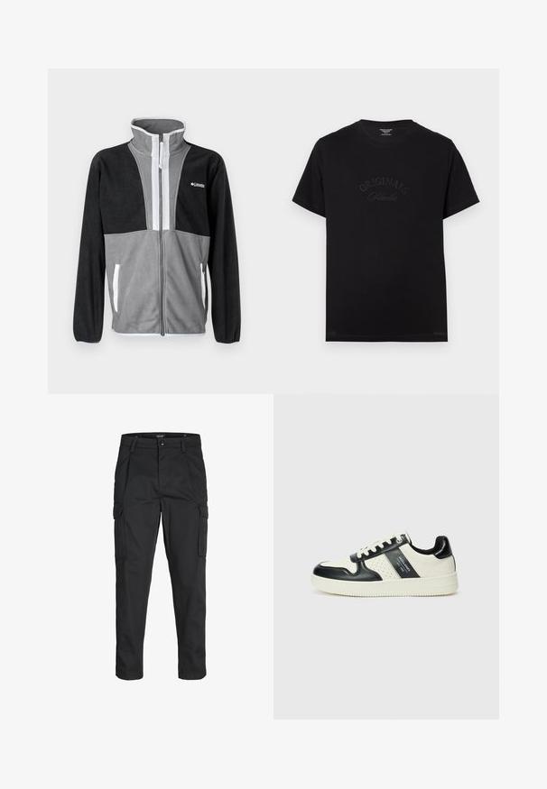 Fleece bunda s vysokým golierom, šedé a čierne farebné bloky, predný zips a biele akcenty na vreckách a zipsovom okraji.; Čierne bavlnené tričko s krátkymi rukávmi a okrúhlym výstrihom. Na prednej strane sa nachádza embosovaný nápis "ORIGINALS Studio" v tónovaných písmenách.; Čierne cargo nohavice z odolnej látky, s viacerými vreckami, gombíkovým zapínaním a úzkym strihom so zúženými nohavicami.; Kožené tenisky v čierno-krémovej farbe, s perforovanými akcentmi, polstrovaným golierom a štruktúrovanou podrážkou.