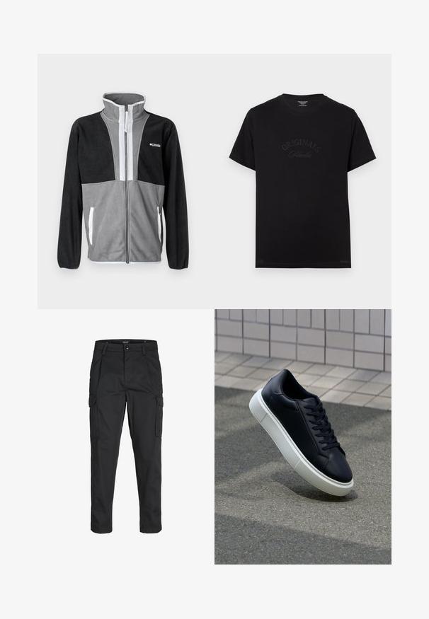 Fleece bunda s vysokým golierom, šedé a čierne farebné bloky, predný zips a biele akcenty na vreckách a zipsovom okraji.; Čierne bavlnené tričko s krátkymi rukávmi a okrúhlym výstrihom. Na prednej strane sa nachádza embosovaný nápis "ORIGINALS Studio" v tónovaných písmenách.; Čierne cargo nohavice z odolnej látky, s viacerými vreckami, gombíkovým zapínaním a úzkym strihom so zúženými nohavicami.; Čierne kožené tenisky s okrúhlou špičkou a bielou gumovou podrážkou. Majú ploché šnúrky a minimálne šitie na vrchu. Textúrovaná podrážka pre lepšiu priľnavosť.